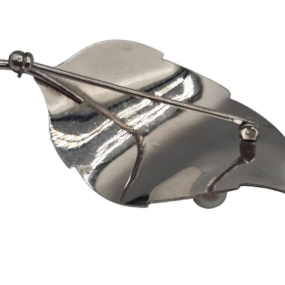 Krementz VTG Brooch Brushed SilverTone Leaf Boho Cottagecore FauxPearl Fairycore - Picture 15 of 15